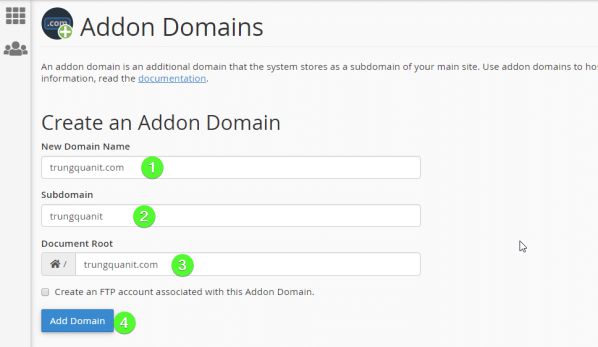 Hướng dẫn cách Addon Domain (tên miền) và tạo Sub Domain cPanel 2