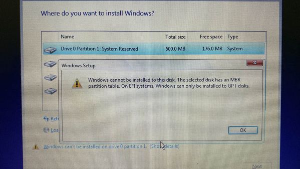 Sửa lỗi "Windows cannot be installed to this disk" sai định dạng ổ cứng