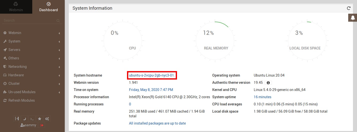 webmin ubuntu 20.04 dashboard