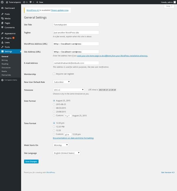 wordpress general setting