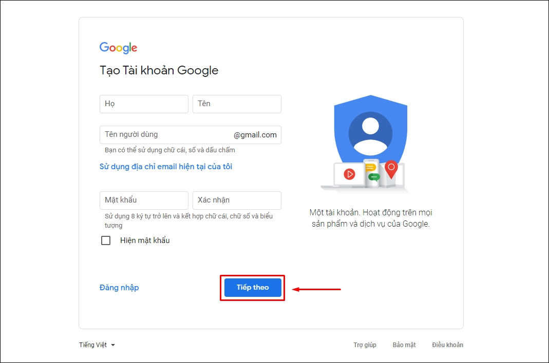 Điền thông tin cá nhân để đăng ký Gmail