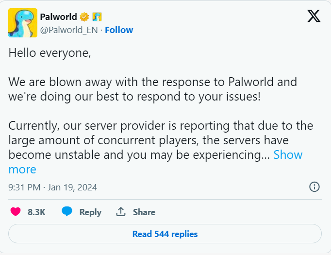 Thông báo các máy chủ đã trở nên không ổn định của palworld