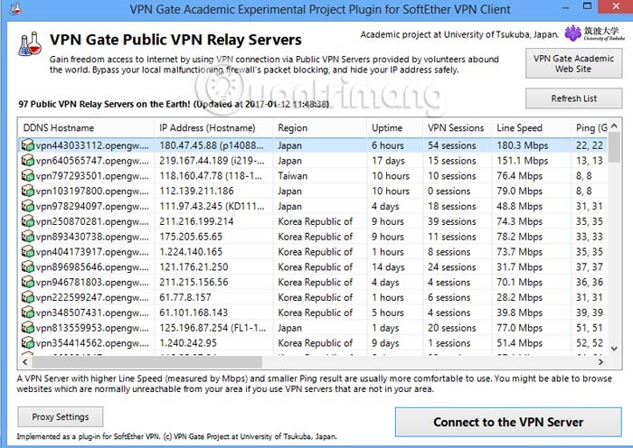 Chọn VPN Gate Public VPN Relay Server