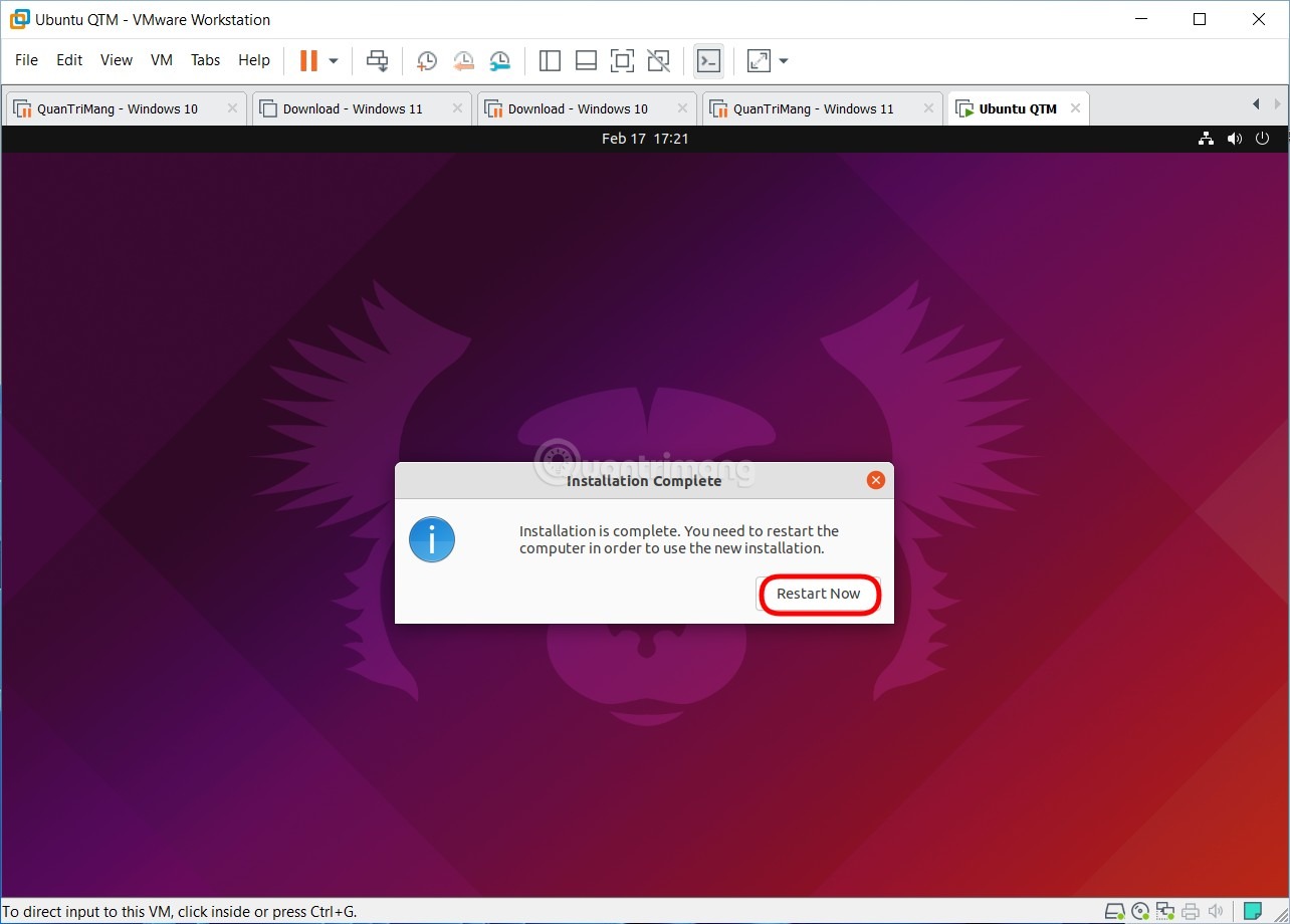 Hoàn tất quá trình cài đặt ubuntu trên vmware