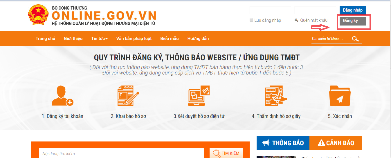 Đăng nhập vào website, click vào nút Đăng ký góc phải trên của màn hình để tiến hành đăng ký thông tin chủ sở hữu website