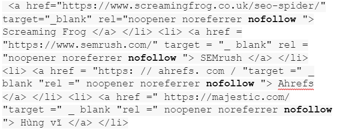 Một đoạn mã có chứa nofollow trong HTML