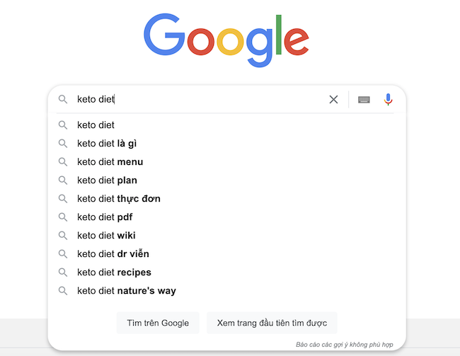 Nhập từ khóa để Google gợi ý long tail keywords