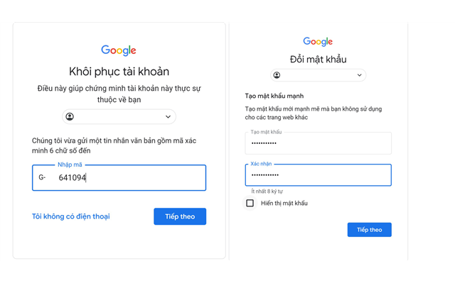 Sử dụng gmail đăng nhập lại mật khẩu mới