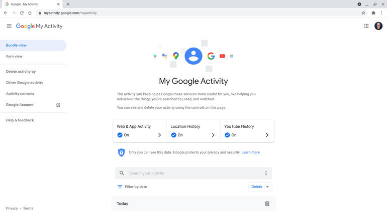Trang Hoạt động trên Google của tôi hiển thị mọi quyền truy cập được ghi lại vào các trang web, ứng dụng, vị trí và YouTube.