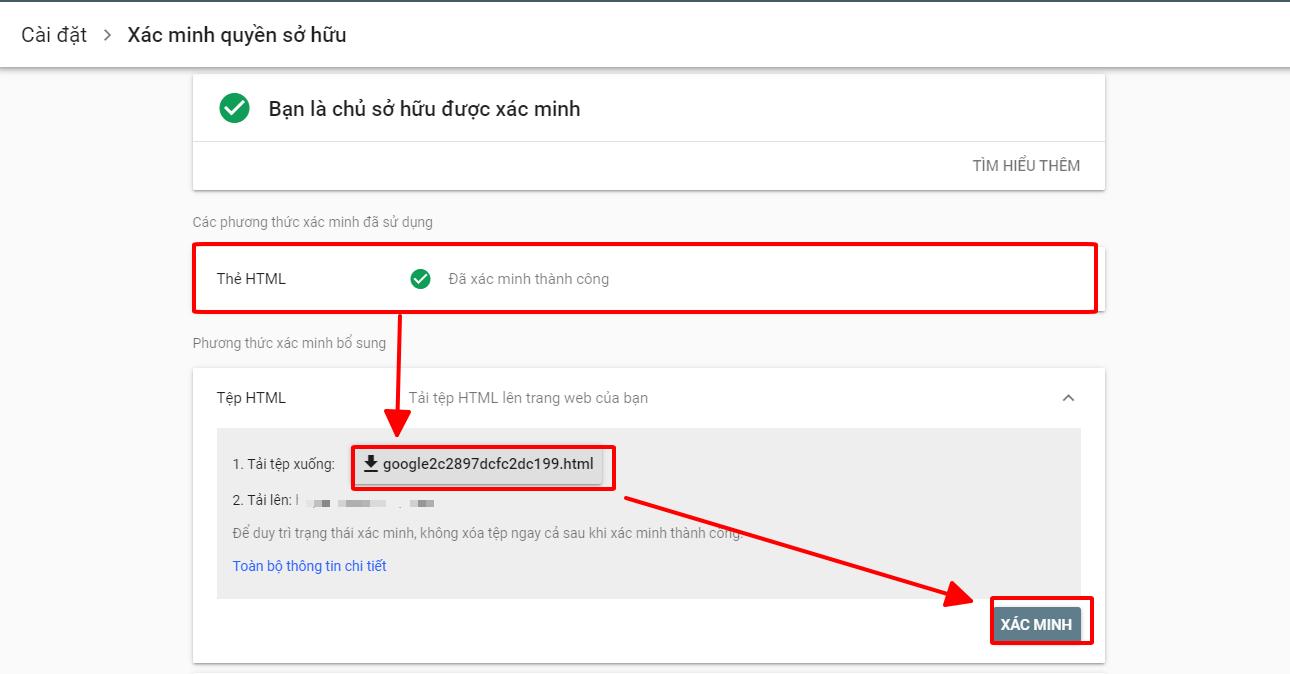 Xác minh sở hữu Google Webmaster Tool bằng tải tệp HTML