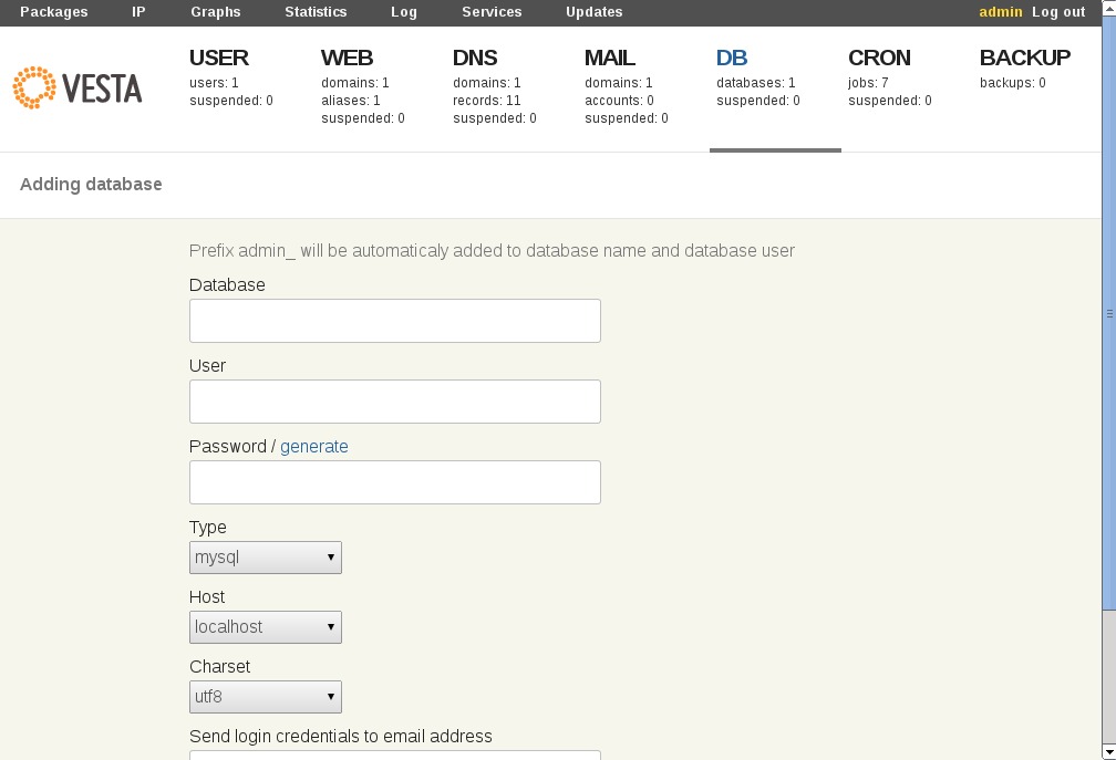 vestacp  adding database